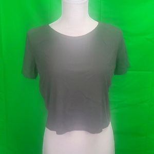 Large Olive Green Ribbed Forever 21 Crop Short Sleeve Top
